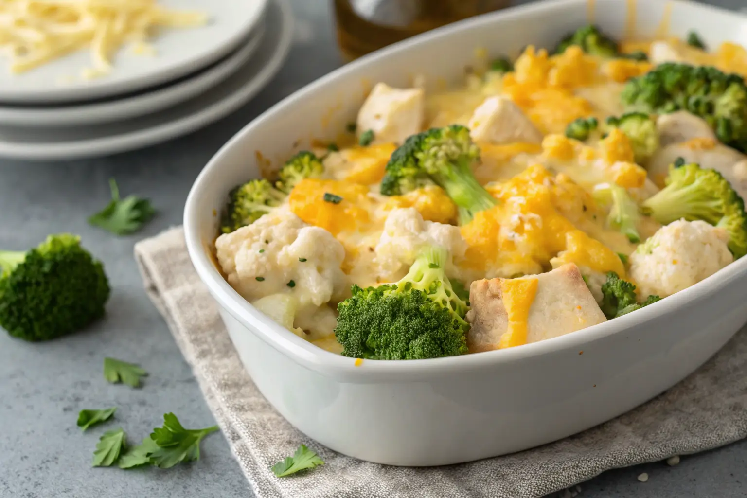 Close-up of a low carb chicken casserole with cheese and veggies.