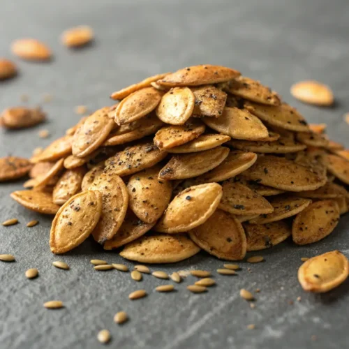 Pumpkin Seed Recipes โ Air Fryer Everything Bagel Pumpkin Seeds Recipe 2 Close-up of everything bagel pumpkin seeds on a concrete surface.