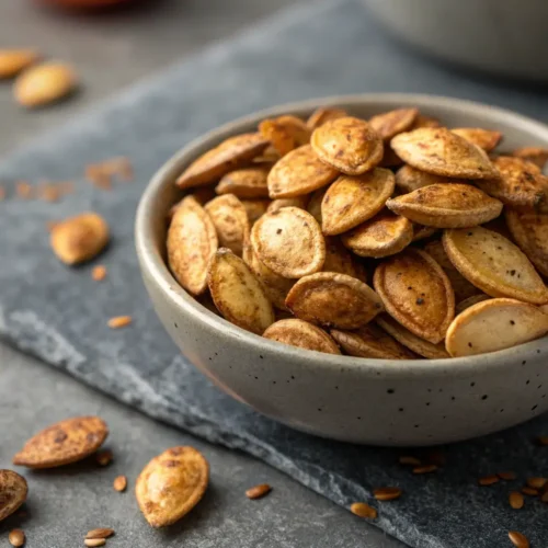 Close-up of golden garlic air-fried pumpkin seeds on gray surface.