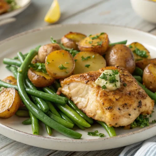 Gluten Free Sheet Pan Dinner: Garlic Butter Chicken 2 Garlic butter chicken with potatoes and green beans on a plate.