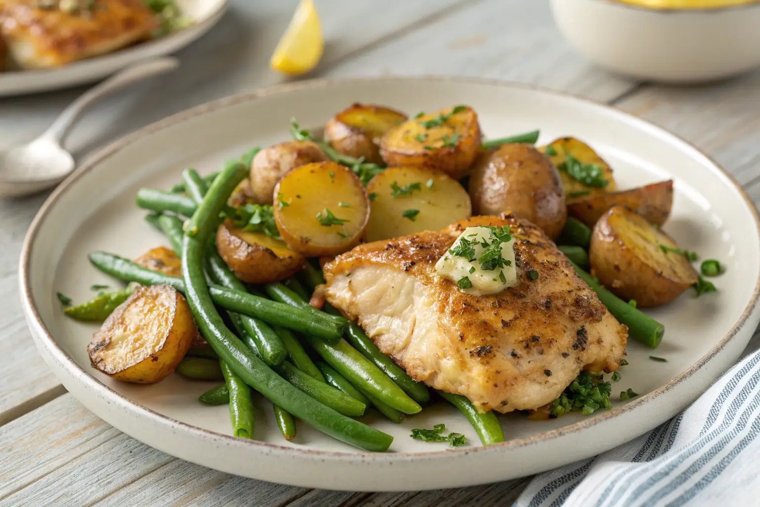 Gluten Free Sheet Pan Dinner: Garlic Butter Chicken 1 Garlic butter chicken with potatoes and green beans on a plate.