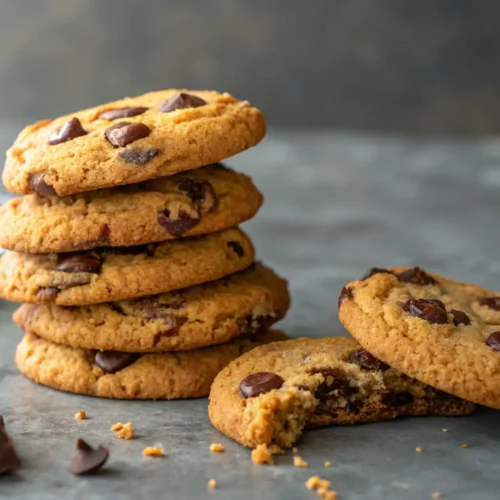 How to Make Gluten Free Chocolate Chip Cookies: Steps & Tips 3 A close-up of gluten-free chocolate chip cookies stacked on a table.