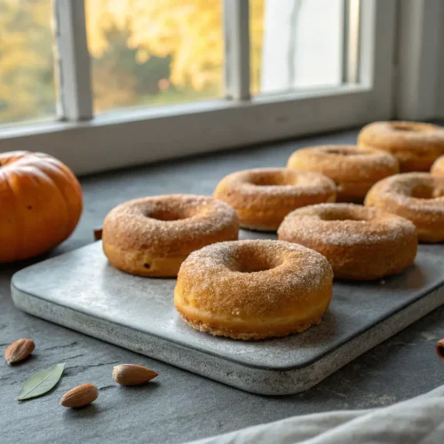 Easy Gluten-Free Pumpkin Donuts Recipe 3 Close-up of gluten-free pumpkin donuts on gray concrete.