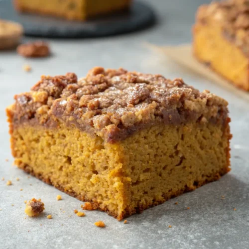 Gluten-Free Pumpkin Spice Coffee Cake Recipe 3 A close-up of gluten-free pumpkin spice coffee cake slice.
