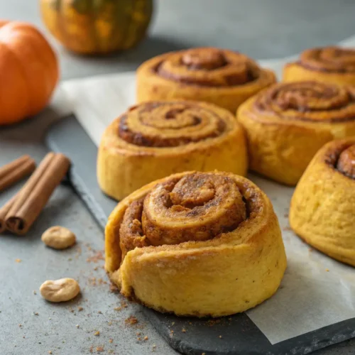 Gluten Free Vegan Pumpkin Cinnamon Rolls 3 Fluffy gluten-free vegan pumpkin cinnamon rolls on a gray surface