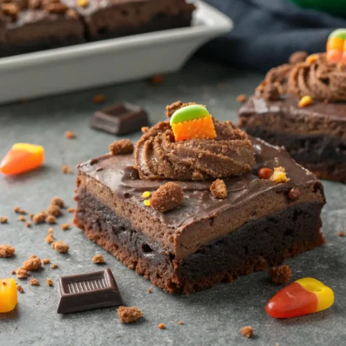 Graveyard Brownies: Fun Halloween Desserts 2 Graveyard Brownies decorated with frosting and Halloween candies.