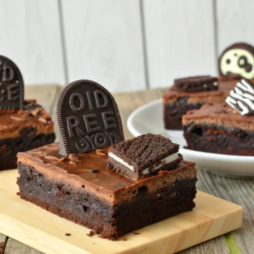 How to Make Graveyard Brownies for Halloween 2 Close-up of Graveyard Brownies with Oreo tombstones for Halloween.