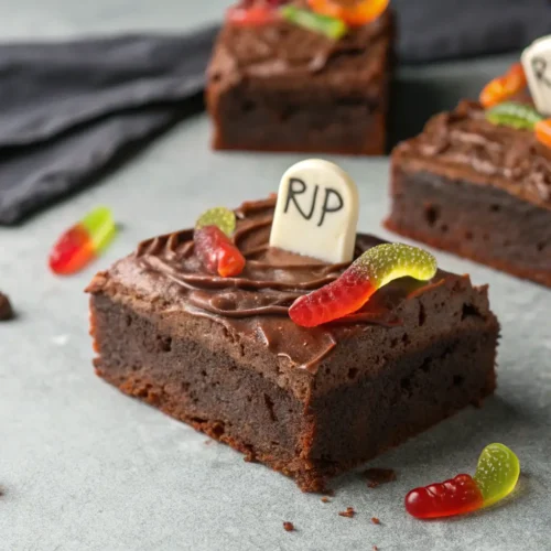 Delicious Graveyard Brownies for a Cozy Halloween Treat 3 Close-up of decorated graveyard brownies for Halloween.