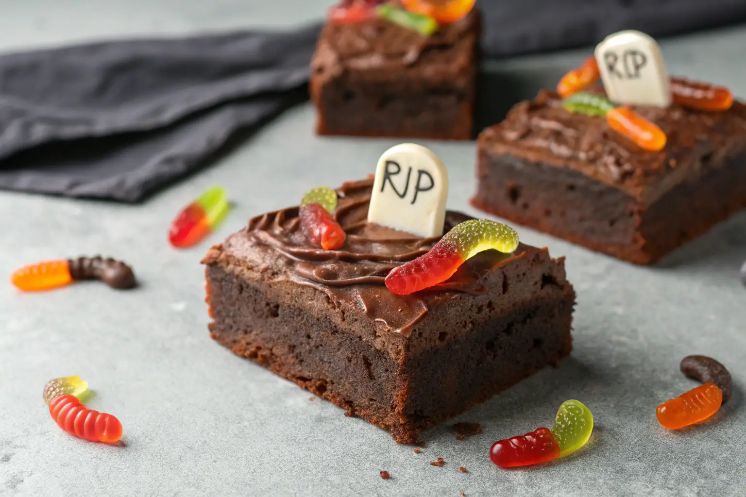 Delicious Graveyard Brownies for a Cozy Halloween Treat 1 Close-up of decorated graveyard brownies for Halloween.