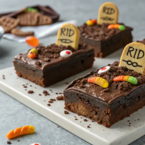 Halloween Treats For Kids โ Graveyard Brownies, the elegant Halloween treat for kids 2 Close-up of decorated Graveyard Brownies for Halloween.