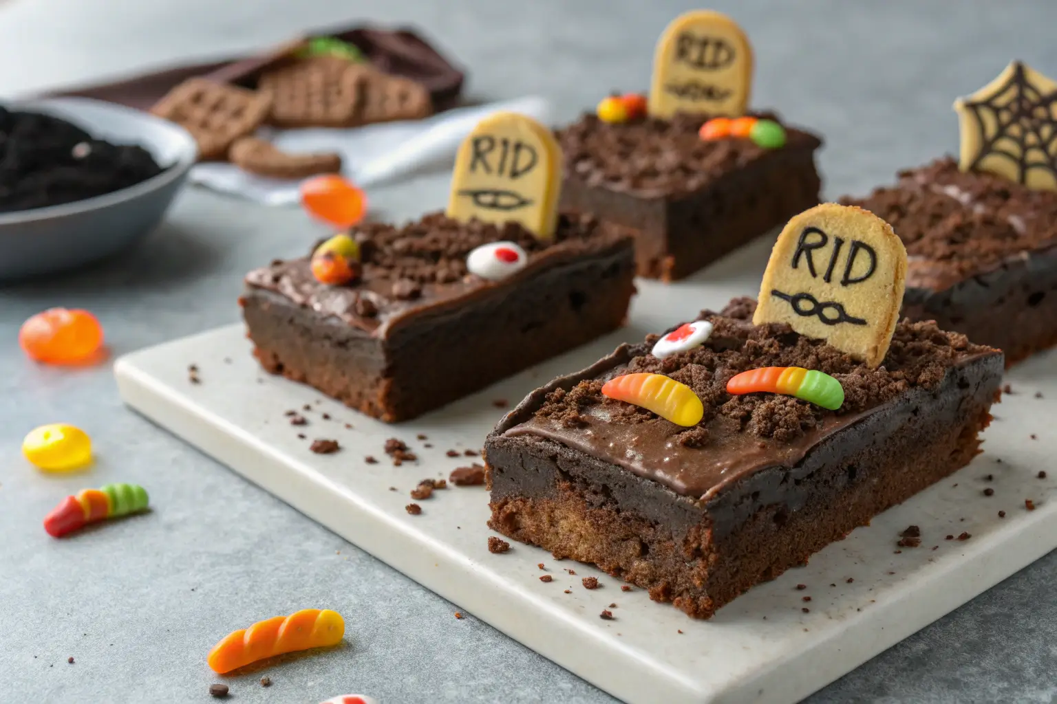 Halloween Treats For Kids โ Graveyard Brownies, the elegant Halloween treat for kids 1 Close-up of decorated Graveyard Brownies for Halloween.