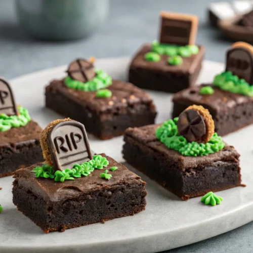 Craving Graveyard Brownies? Try This Spooky Treat Twist 2 Close-up of decorated Graveyard Brownies with tombstone candies.