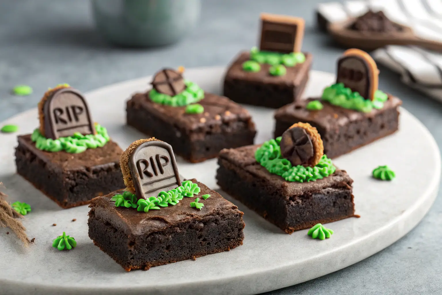 Craving Graveyard Brownies? Try This Spooky Treat Twist 1 Close-up of decorated Graveyard Brownies with tombstone candies.