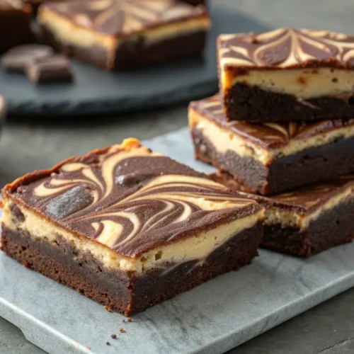 Classic Halloween Brownies with a Delicate Cheesecake Swirl 3 Close-up of Halloween brownies with cheesecake swirl on gray table.
