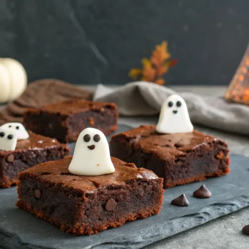 Craving Halloween Brownies? Try These Hauntingly Delicious Treats 3 Fudgy Halloween brownies with ghost decorations on top.