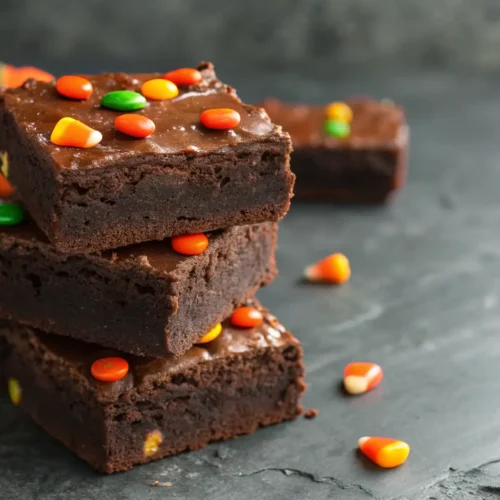 How to Make Halloween Brownies: Steps & Tips 3 Close-up of Halloween brownies with pumpkin candy on top.