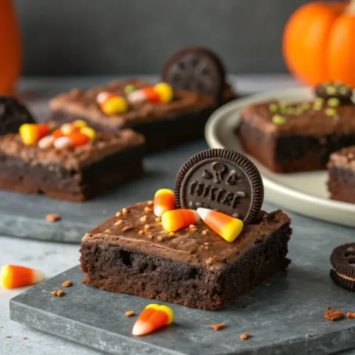 Halloween Graveyard Brownies: steps & tips 2 Close-up of Halloween Graveyard Brownies with spooky decorations.