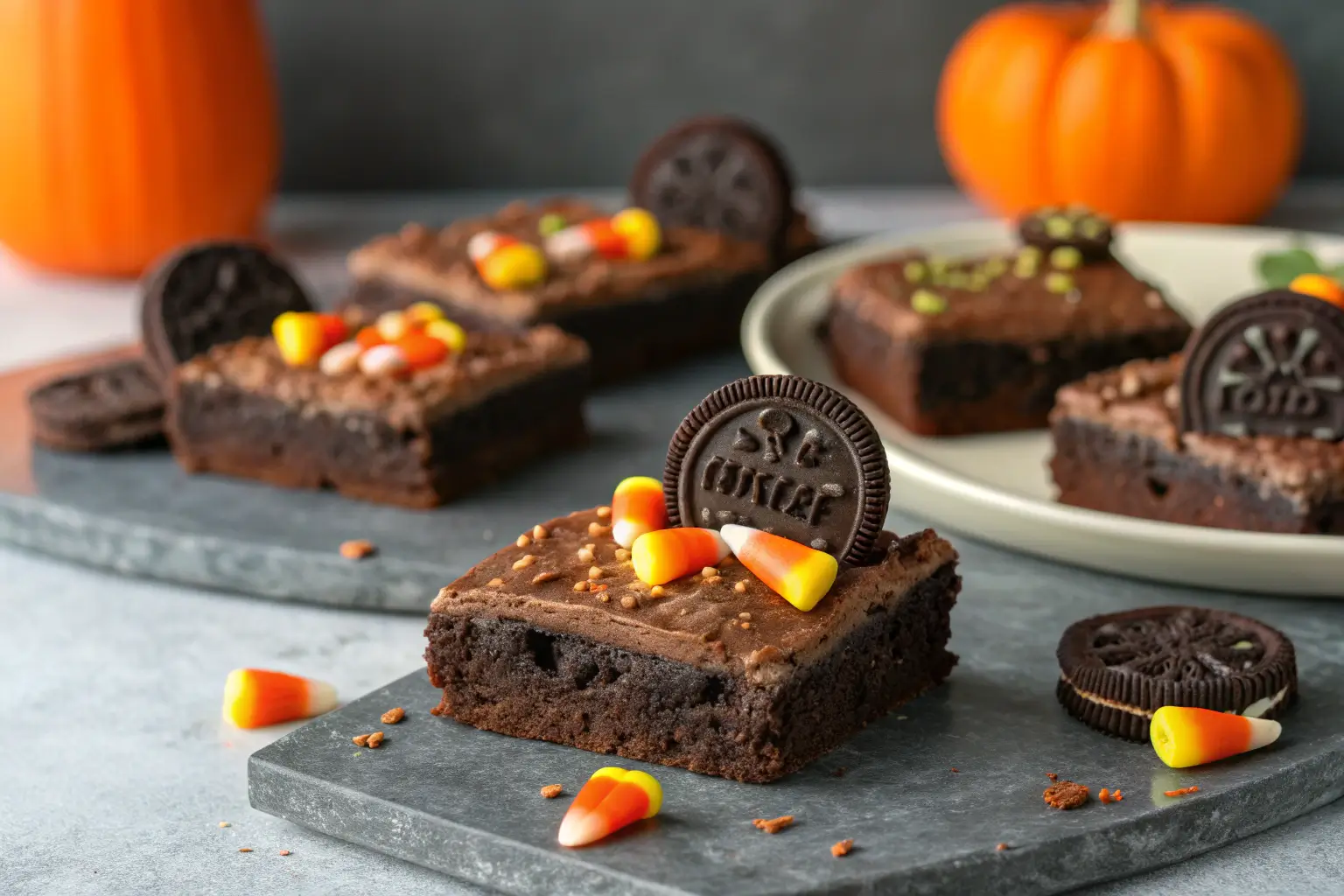 Halloween Graveyard Brownies: steps & tips 1 Close-up of Halloween Graveyard Brownies with spooky decorations.