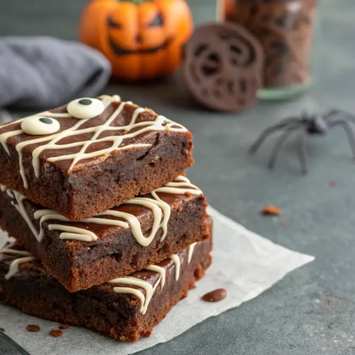 How to Make Halloween Brownies: Steps & Tips 3 Close-up of Halloween Mummy Brownies with chocolate drizzle.