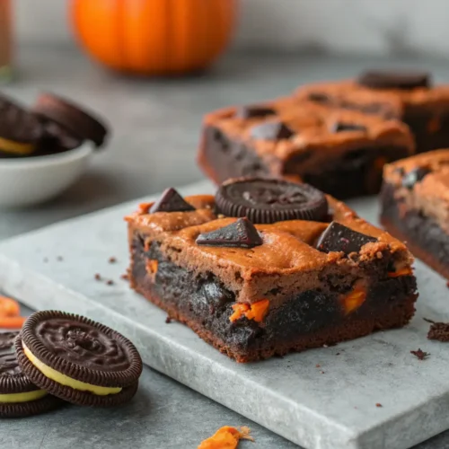 Craving Halloween Oreo Brownies? Try This Spooky Brownie Treats Twist 2 Close-up of Halloween Oreo brownies on a gray concrete surface.