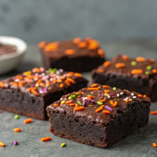 Halloween Potluck Brownies: Spooky Treats to Share 2 Close-up of Halloween brownies with colorful sprinkles on top.