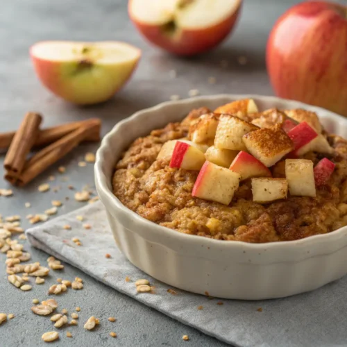 Close-up of healthy apple cinnamon baked oatmeal on a table.