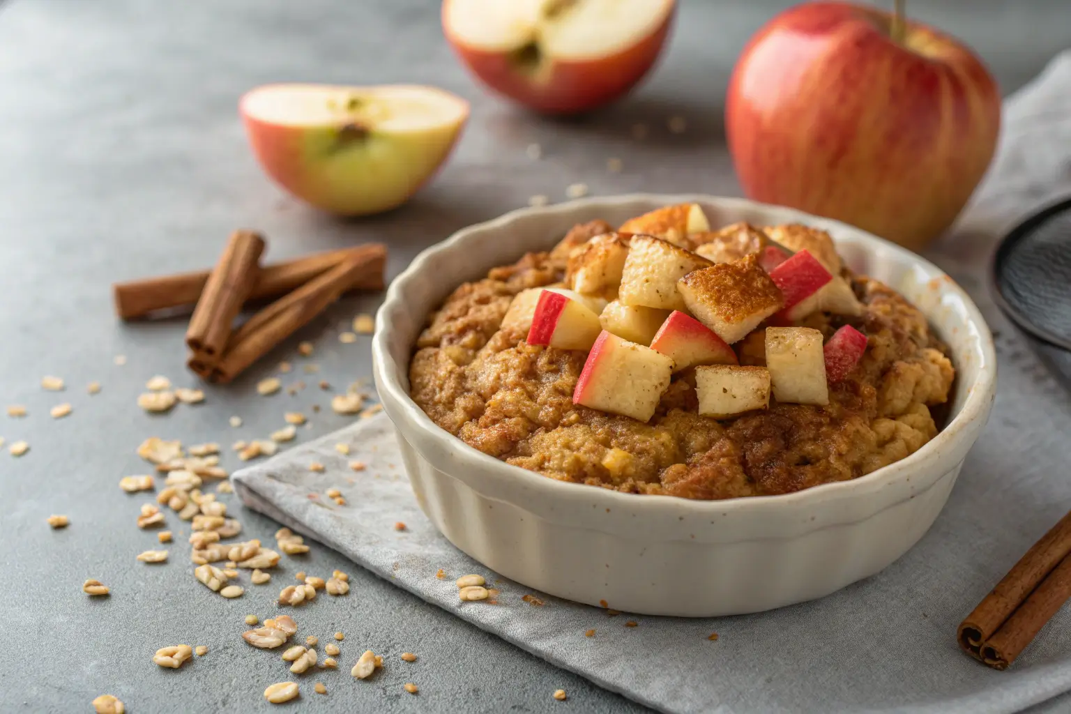 Close-up of healthy apple cinnamon baked oatmeal on a table.