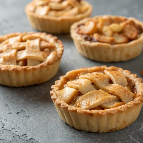 Healthy Apple Pie Recipe: Mini Gluten-Free Treats 3 Mini gluten-free apple pies on a gray concrete surface.