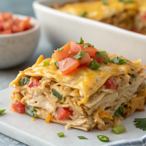Healthy Chicken Taco Casserole Recipe 2 Close-up of Healthy Chicken Taco Casserole layers.