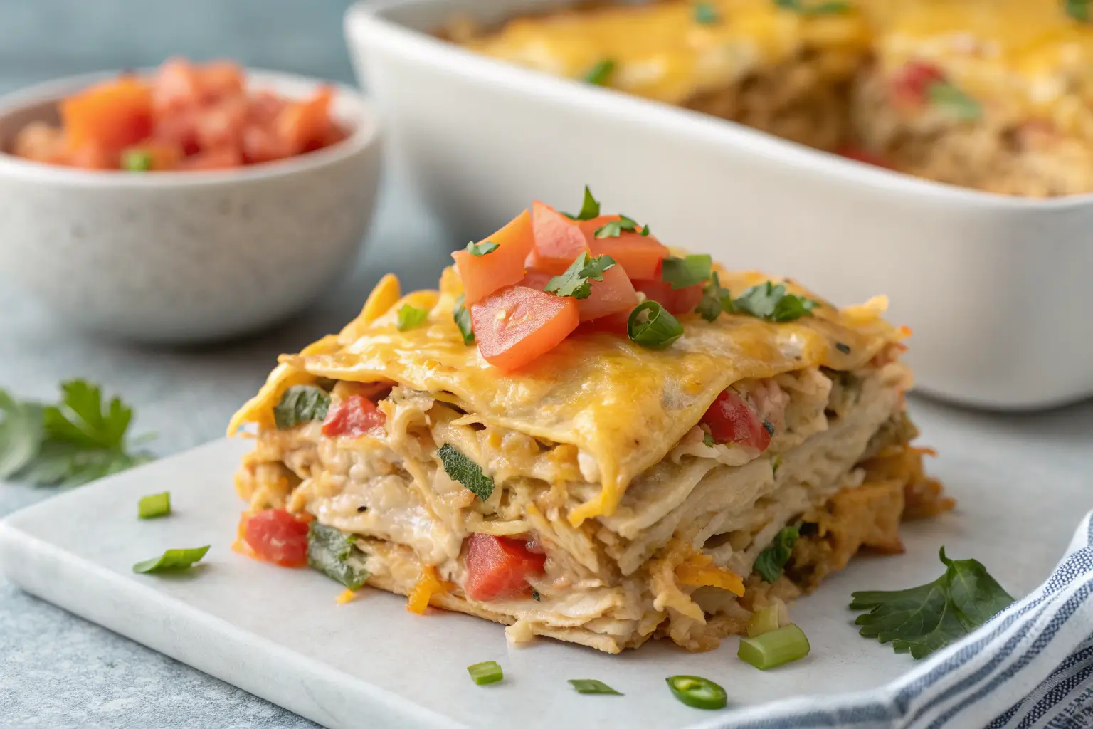 Close-up of Healthy Chicken Taco Casserole layers.