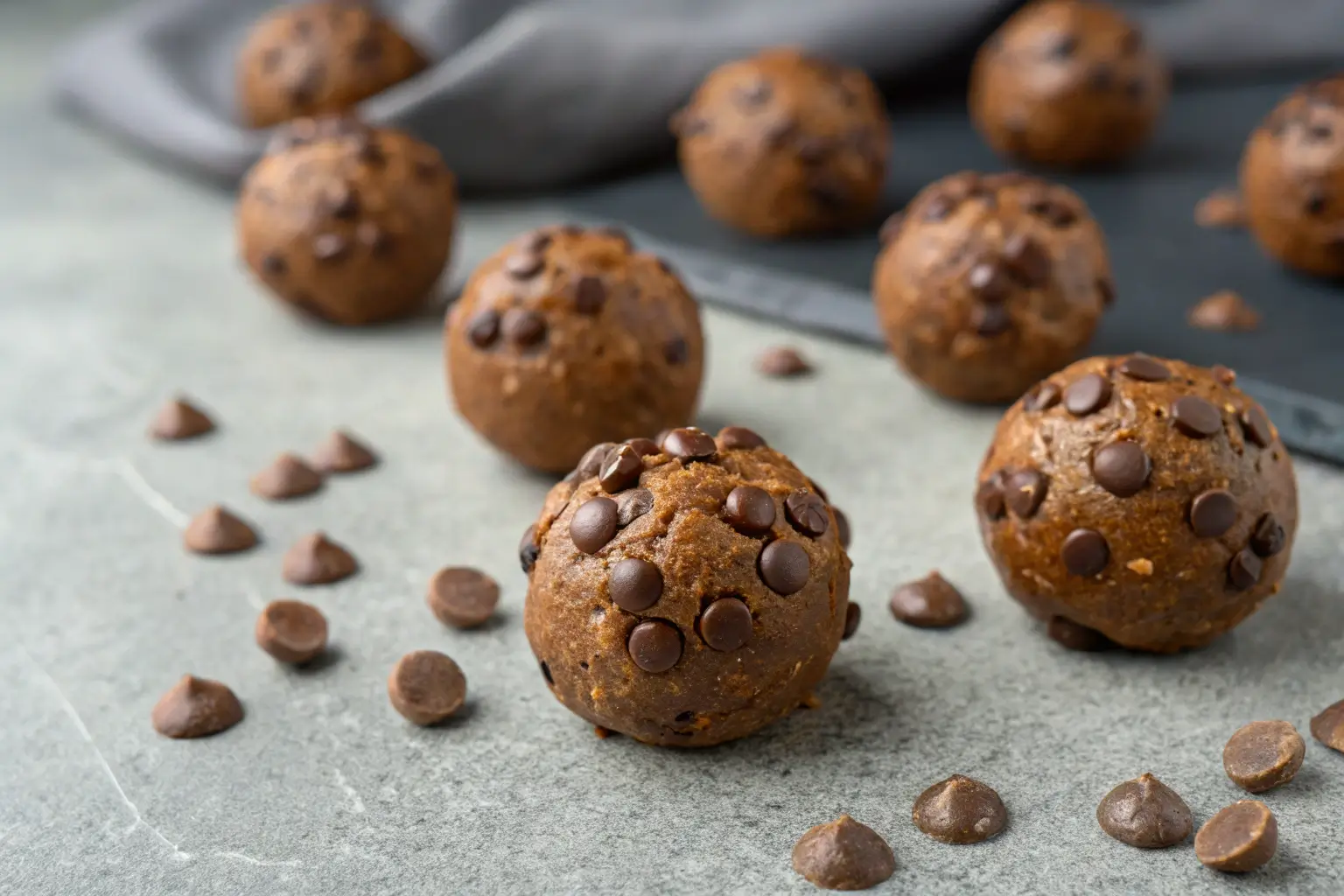 Healthy Chocolate Protein Balls Recipe 1 Close-up of healthy chocolate protein balls on a gray surface.