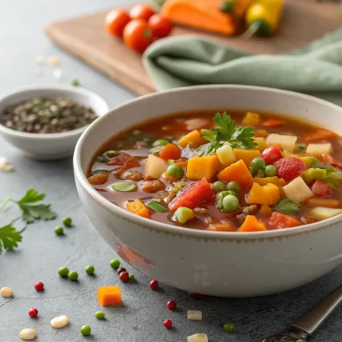 Healthy Clean Soup Recipes for Weight Loss 3 Close-up of hearty vegetable soup in a bowl on a gray table.