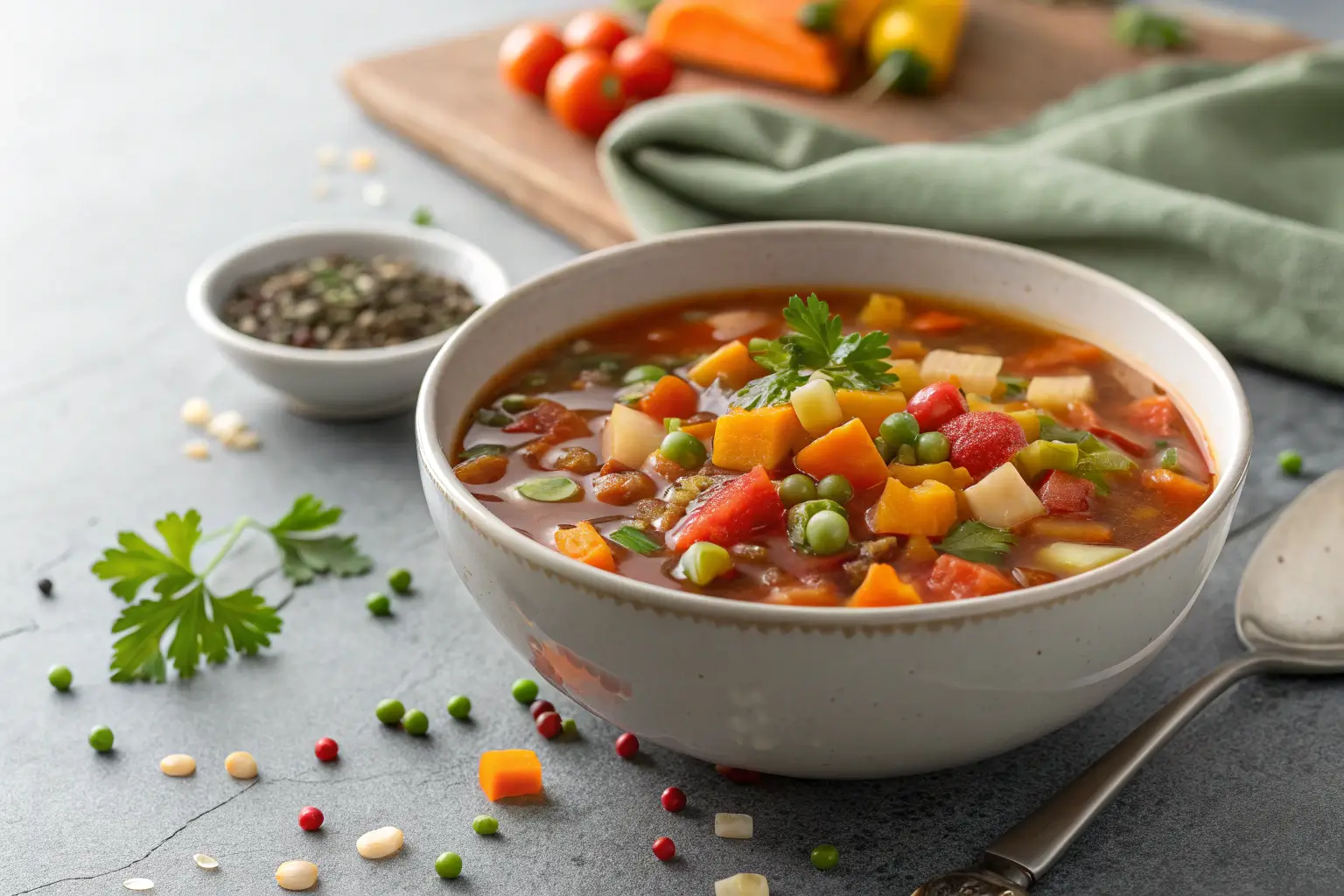 Close-up of hearty vegetable soup in a bowl on a gray table.