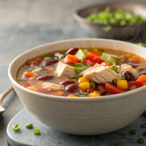 Healthy High Protein Soups: 5 Recipes 3 Close-up of a hearty chicken soup with vegetables and beans.