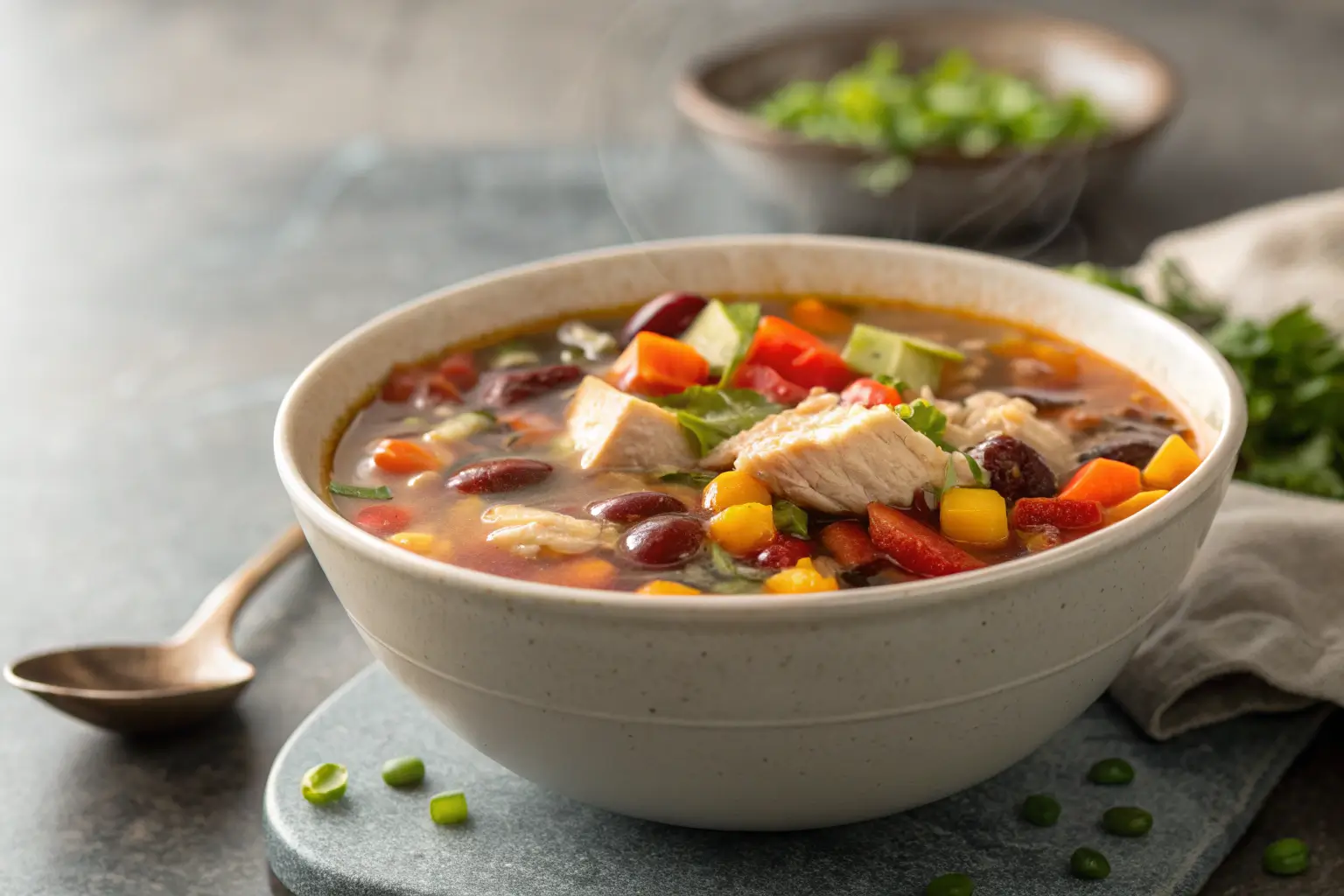 Close-up of a hearty chicken soup with vegetables and beans.