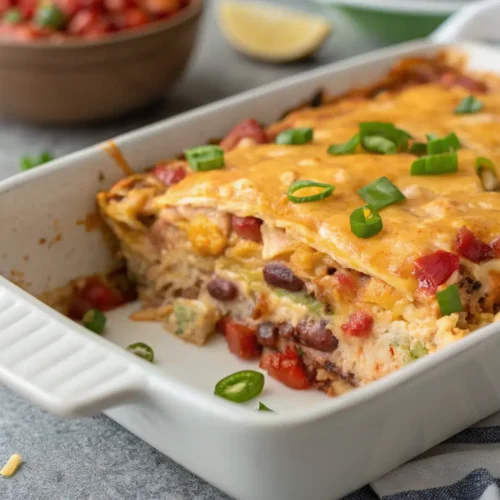 Close-up of Healthy King Ranch Chicken Casserole with cheese.