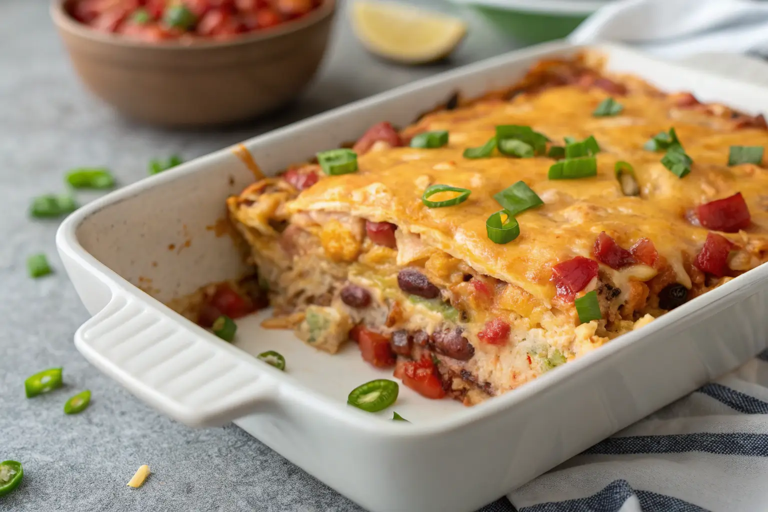 Close-up of Healthy King Ranch Chicken Casserole with cheese.