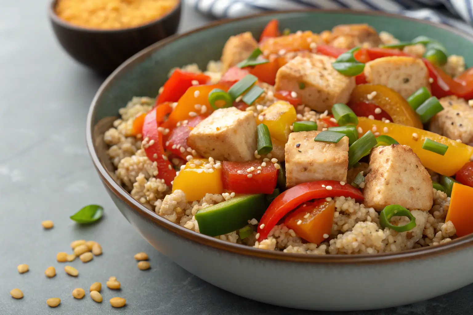 Colorful heart-healthy stir-fry with chicken and vegetables.