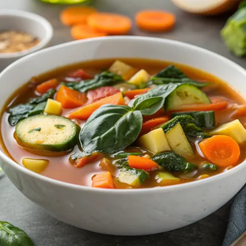 Hearty High-Protein Vegetable Soup Recipe 3 Close-up of high-protein vegetable soup with colorful veggies.