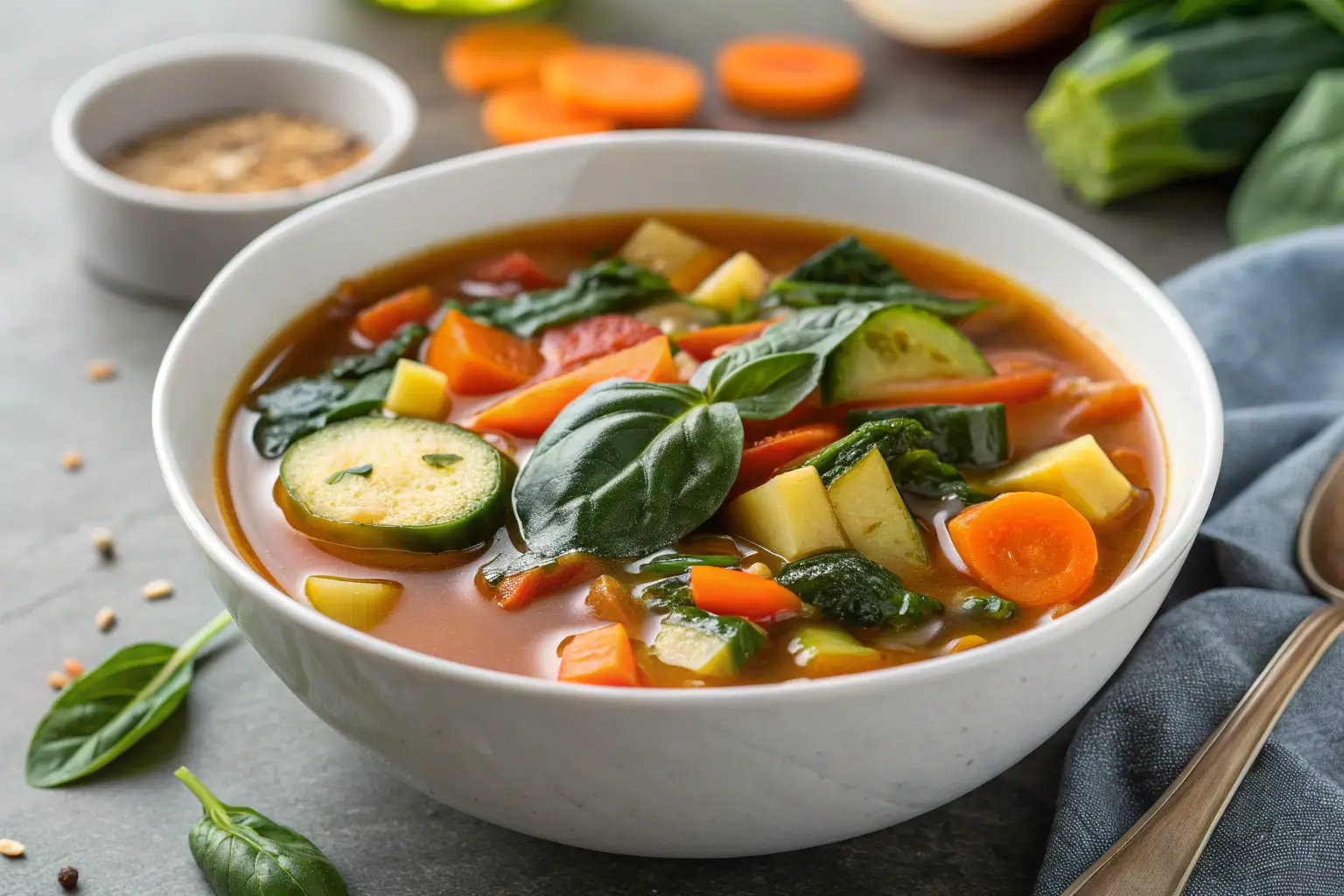 Close-up of high-protein vegetable soup with colorful veggies.