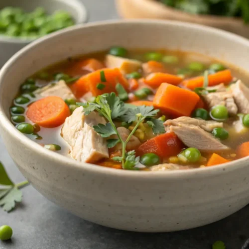 25 Cozy Protein Soup Recipes for Comfort 3 Close-up of turkey soup with carrots and peas in a bowl.
