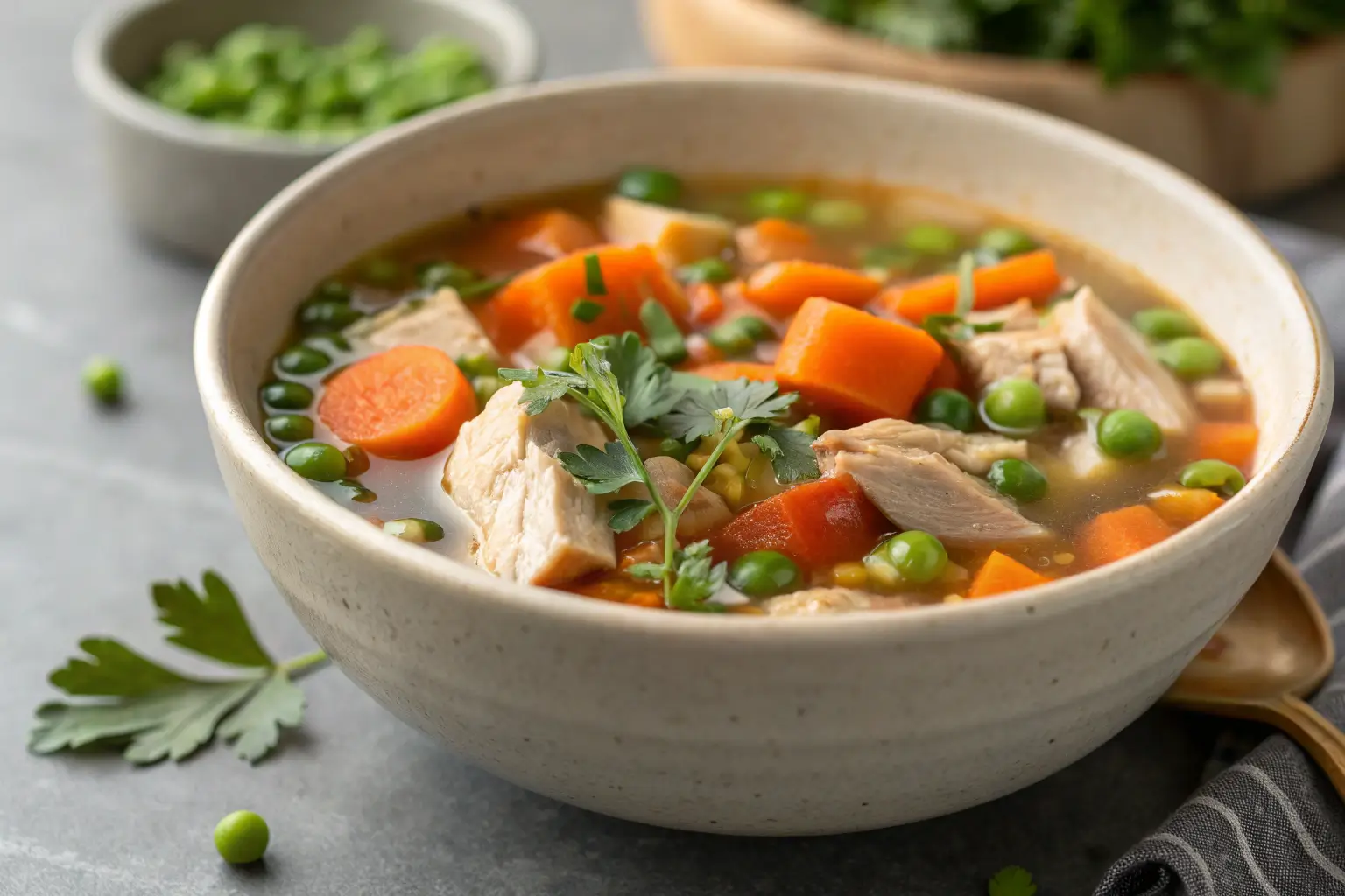 Close-up of turkey soup with carrots and peas in a bowl.