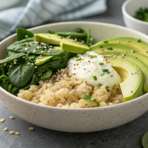 High Protein Breakfast Bowls with Quinoa Spinach 2 High protein breakfast bowl with quinoa, spinach, and avocado.