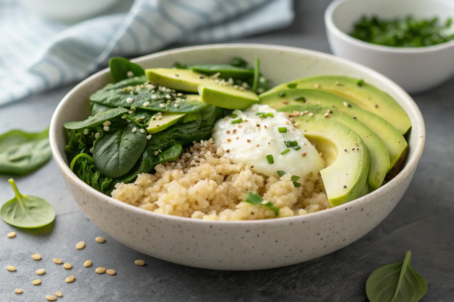 High protein breakfast bowl with quinoa, spinach, and avocado.