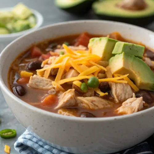 High Protein Chicken Taco Soup Recipe 3 Close-up of High Protein Chicken Taco Soup with cheese and avocado.