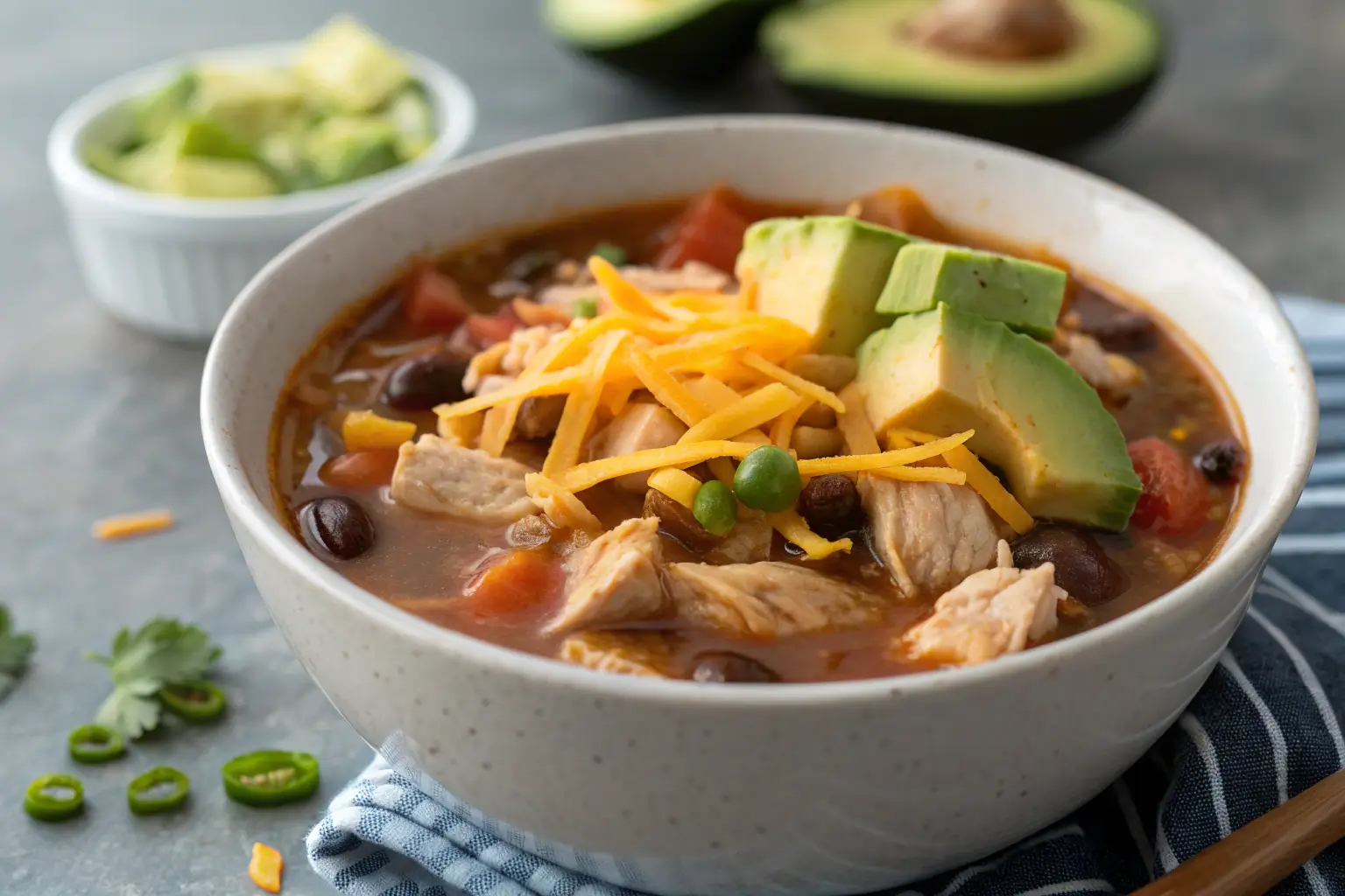 Close-up of High Protein Chicken Taco Soup with cheese and avocado.