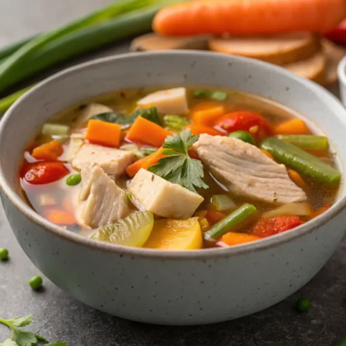10 High-Protein Soups for Healthy Meals 3 Close-up of chicken vegetable soup in a bowl with veggies and chicken.