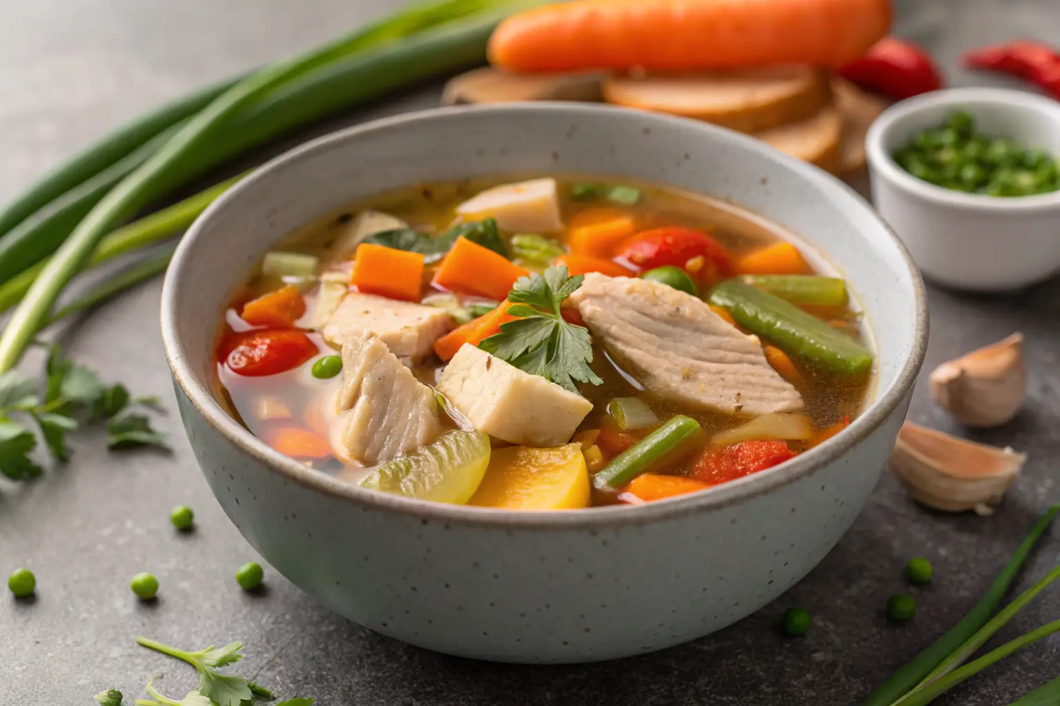Close-up of chicken vegetable soup in a bowl with veggies and chicken.