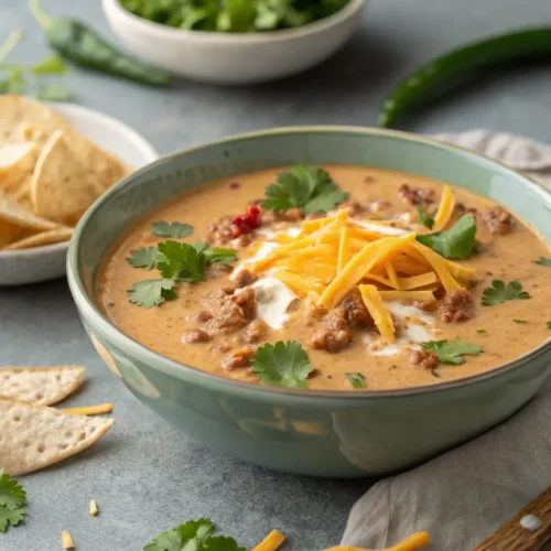 High Protein Creamy Taco Soup Recipe 3 High Protein Creamy Taco Soup with cheese and cilantro garnish
