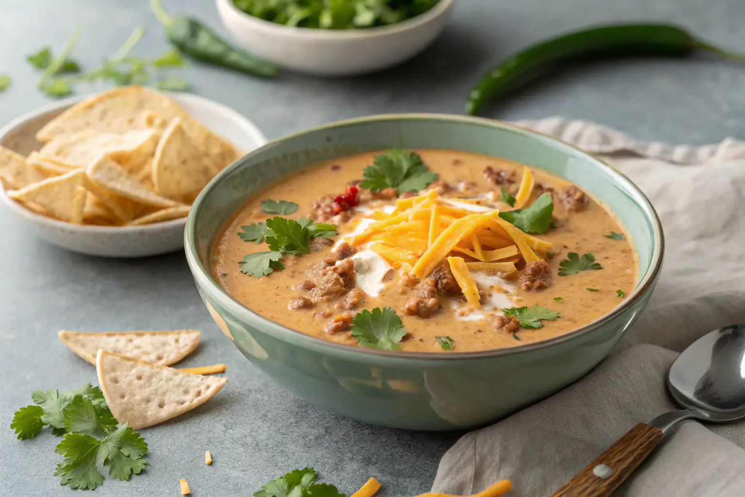 High Protein Creamy Taco Soup with cheese and cilantro garnish